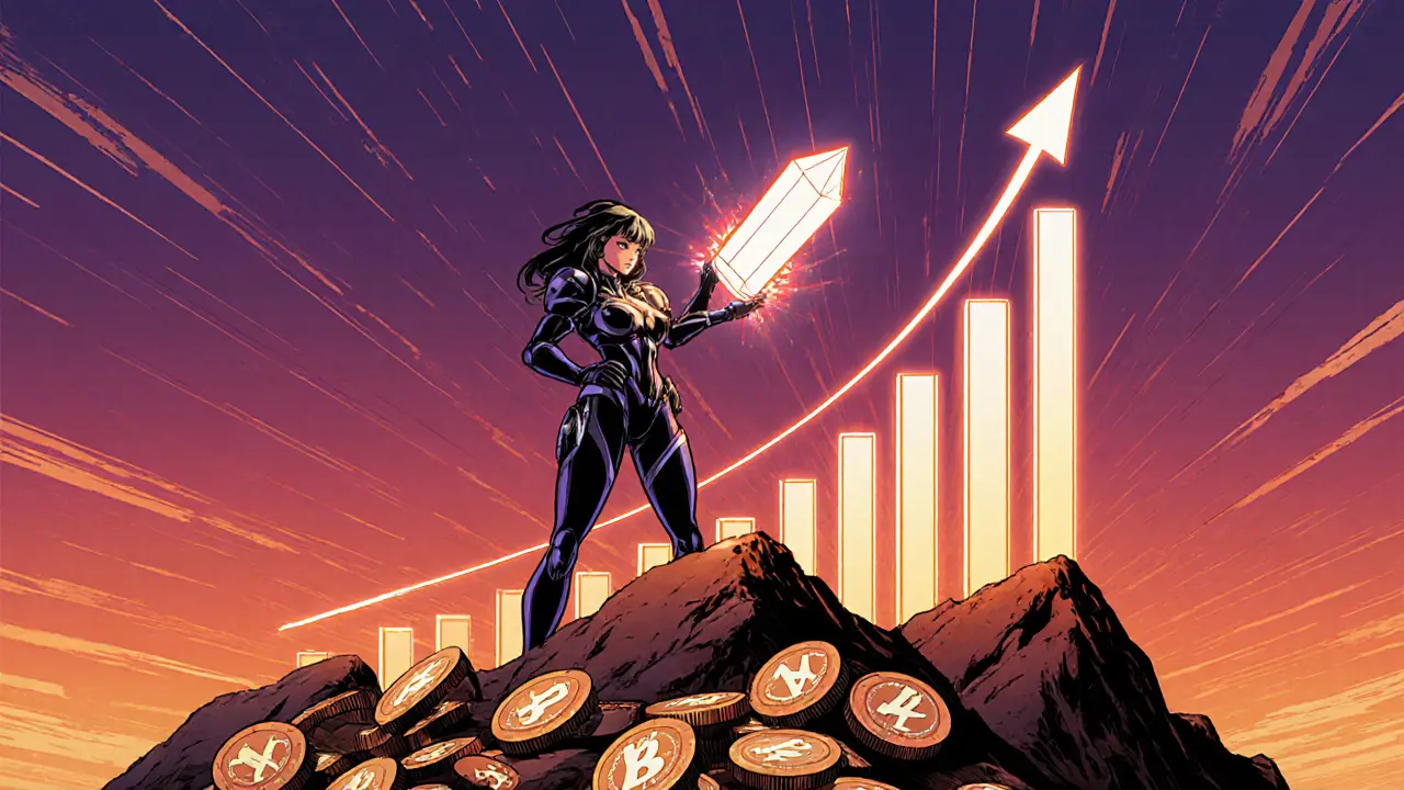 Retro anime heroine standing on KABY tokens with a rising light arrow indicating growth.