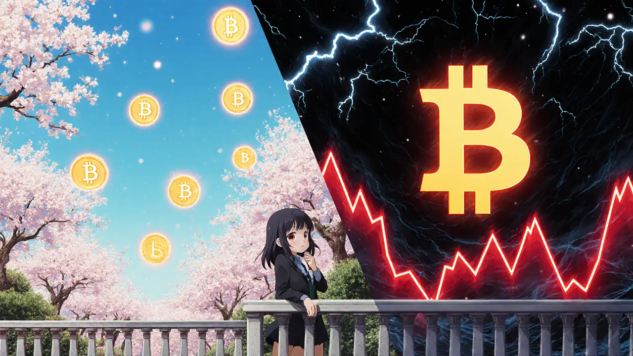 Split‑screen anime scene showing a calm diversified portfolio garden versus a turbulent concentrated portfolio.