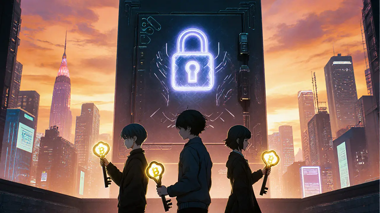 Three characters holding glowing keys before a multi-signature vault in retro anime style.