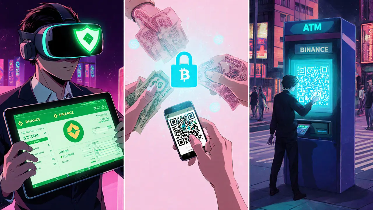 Three panels: using VPN on exchange, P2P cash‑crypto trade, and crypto ATM in Riyadh.