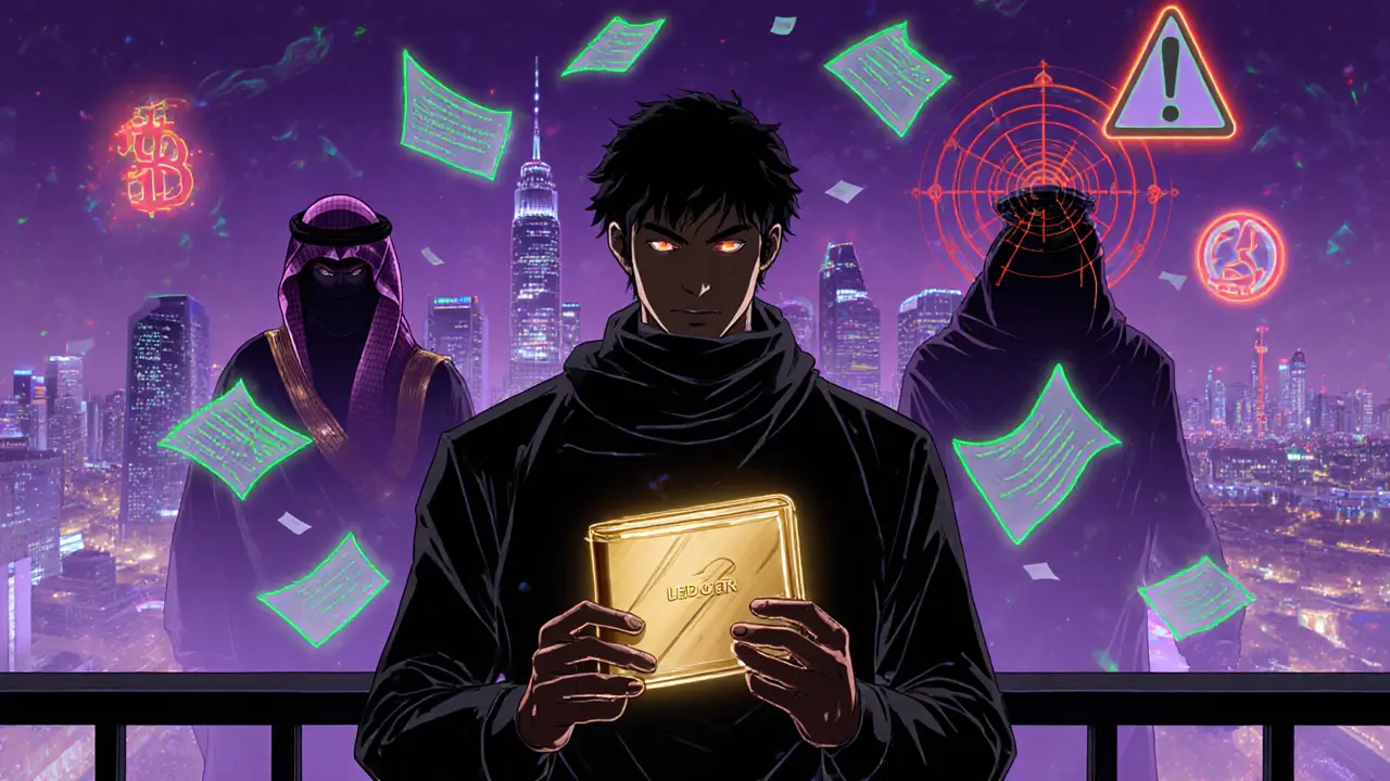 Trader holding hardware wallet on balcony, futuristic city with blockchain symbols and looming regulators.