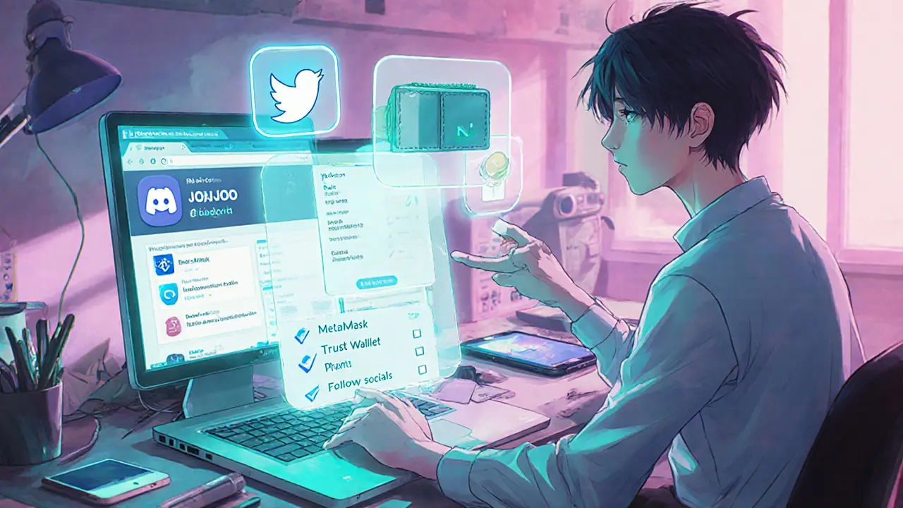 Anime character at a desk with holographic wallets, Discord, Twitter, and a preparation checklist.