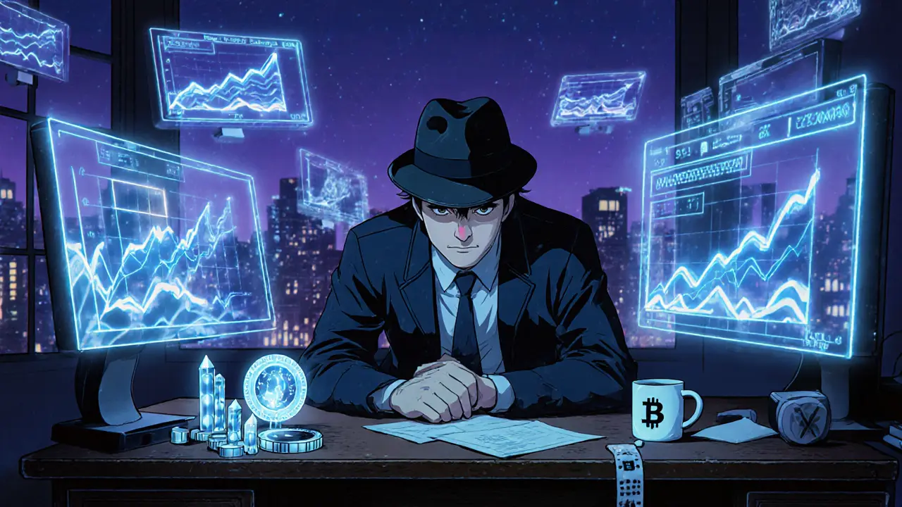 Anime detective‑like investor reviewing circulating, total and max supply data on holographic screens.