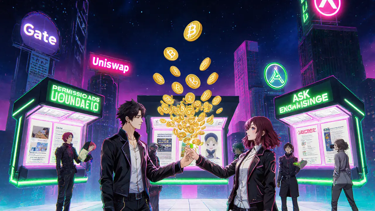 Anime figures trade glowing ASK tokens in a futuristic digital marketplace.