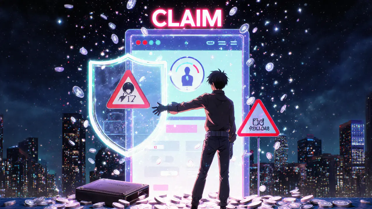 Anime hero near a claim portal, shield icon, hardware wallet, and falling JOJO tokens.