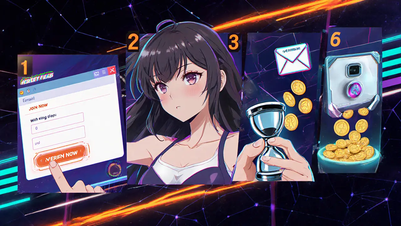 Anime heroine follows steps to join, verify email, link wallet, complete KYC, and withdraw ASK tokens.