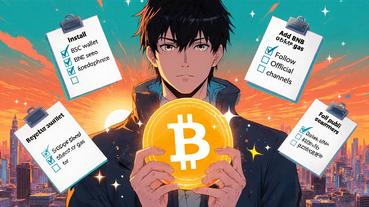 Anime illustration of a crypto wallet and checklist items for a BAMP airdrop.