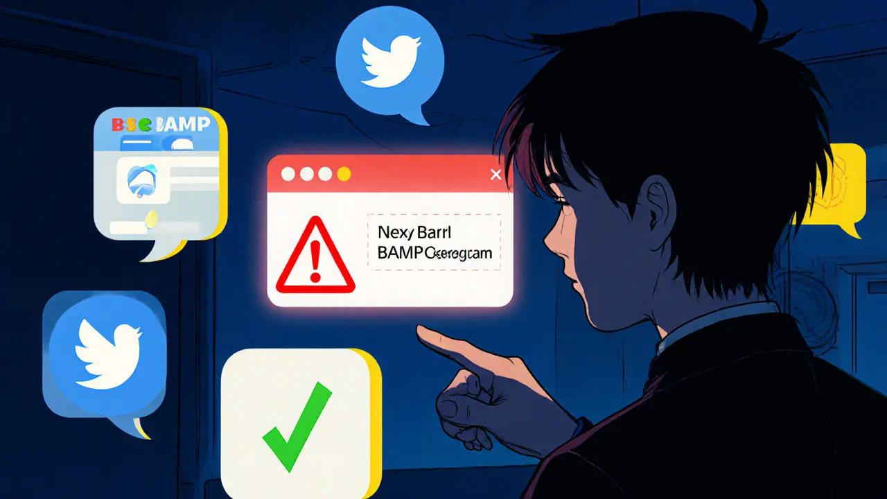 Anime scene showing a user comparing official crypto channels with a phishing warning.