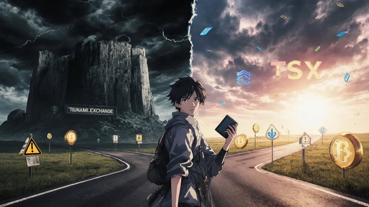 Anime trader holding a hardware wallet choosing between a stormy CEX path and bright DEX future.