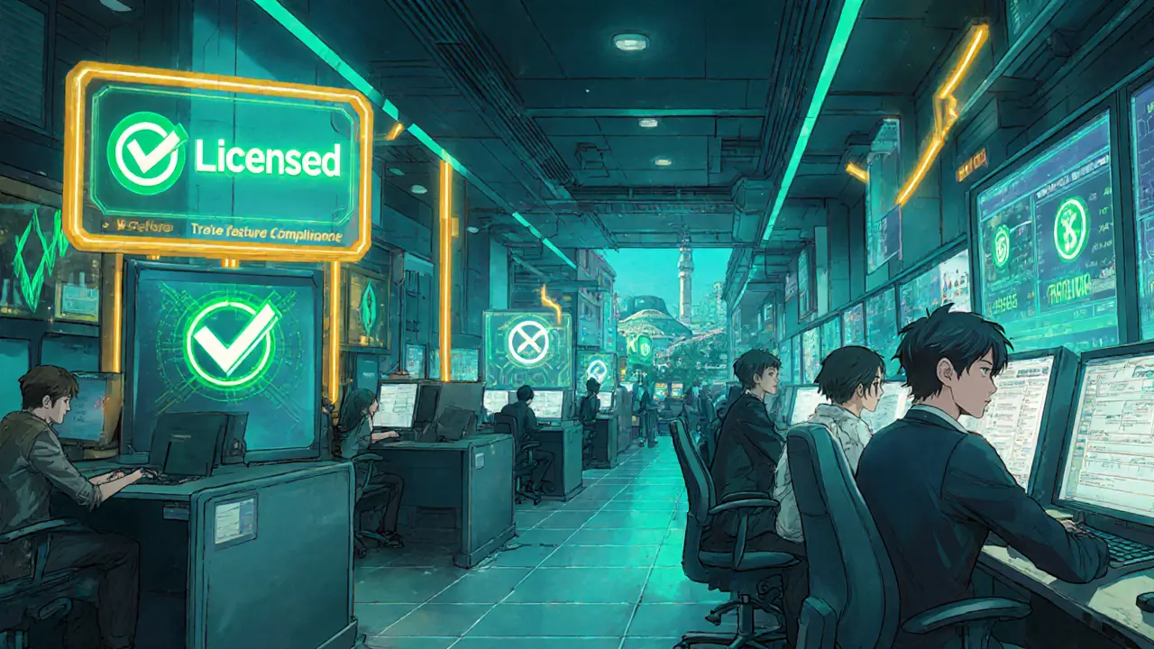 Bright, orderly crypto exchange interior with glowing &quot;Licensed&quot; signs and satisfied users.