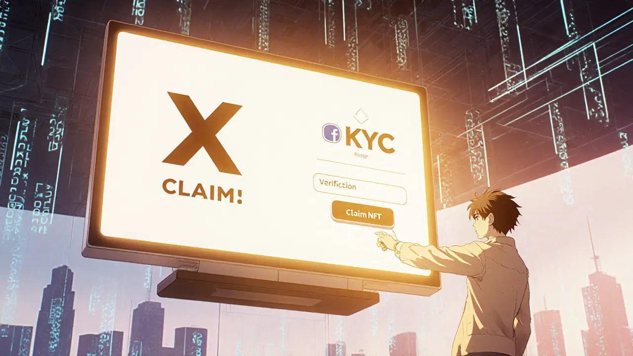 Character interacting with floating UI to link X handle, complete KYC, and claim NFT in a cyber‑anime hub.