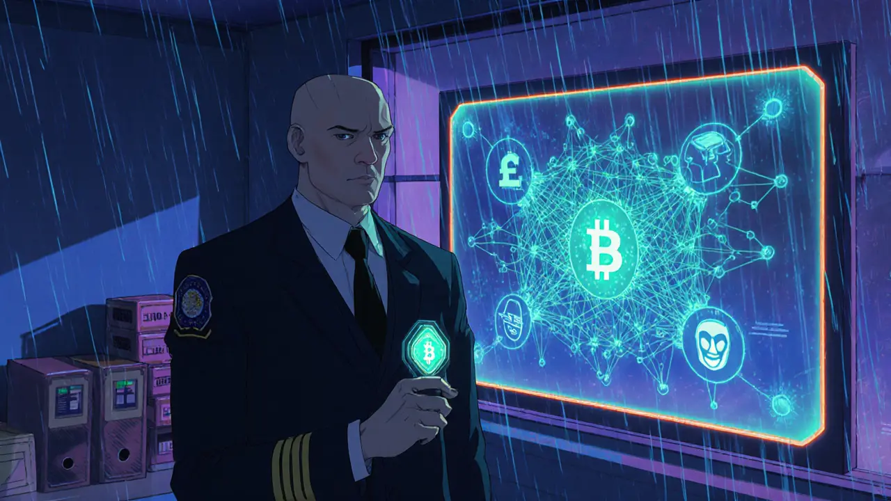 Federal agent in a retro‑styled office reviewing holographic blockchain network.