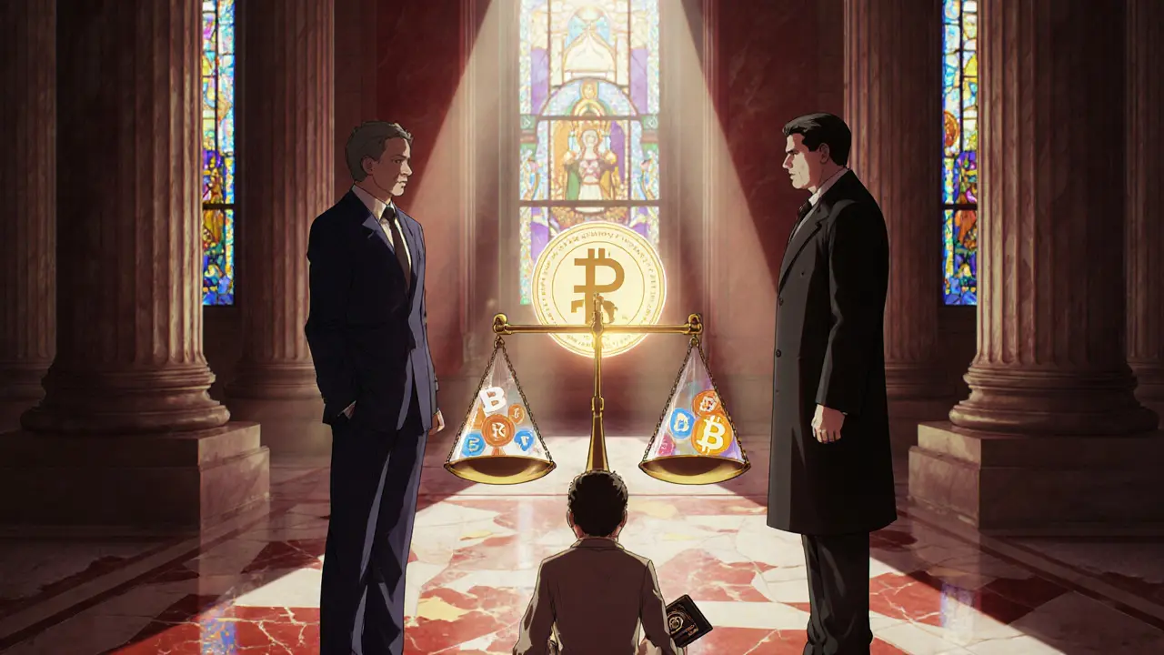 Government hall debate with scale balancing ruble against crypto icons, officials in tense discussion.