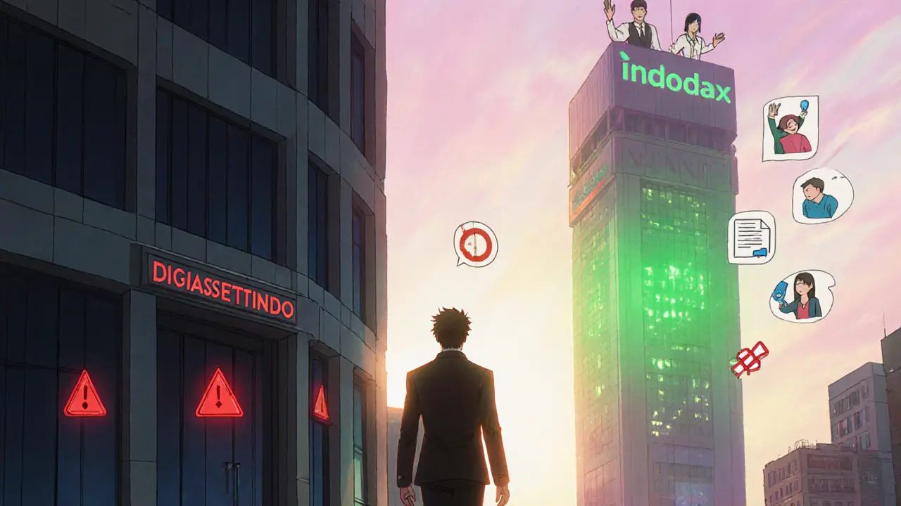 Investor leaving Digiassetindo building toward a bright Indodax tower.