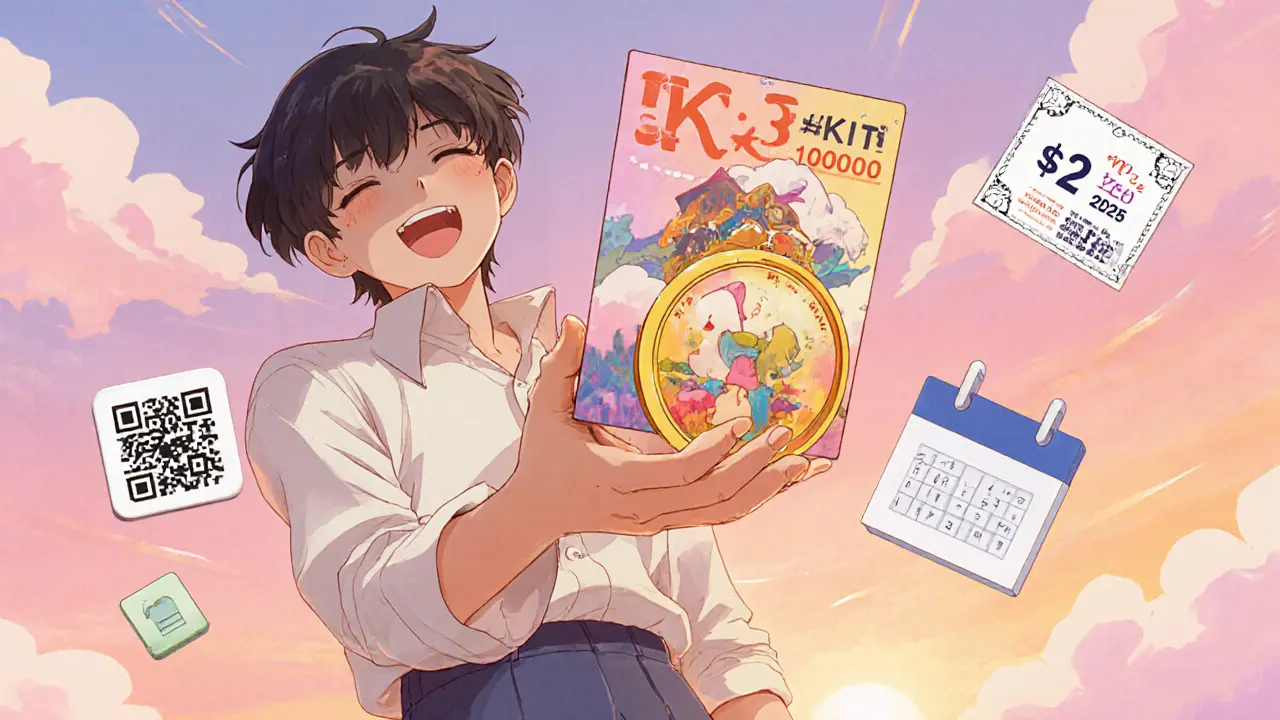 Protagonist displaying minted SUKU NFT with token grant icons and QR code ticket in pastel retro anime style.