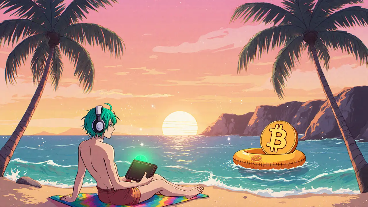 Relaxed digital nomad on a Portuguese beach holding a glowing hardware wallet.