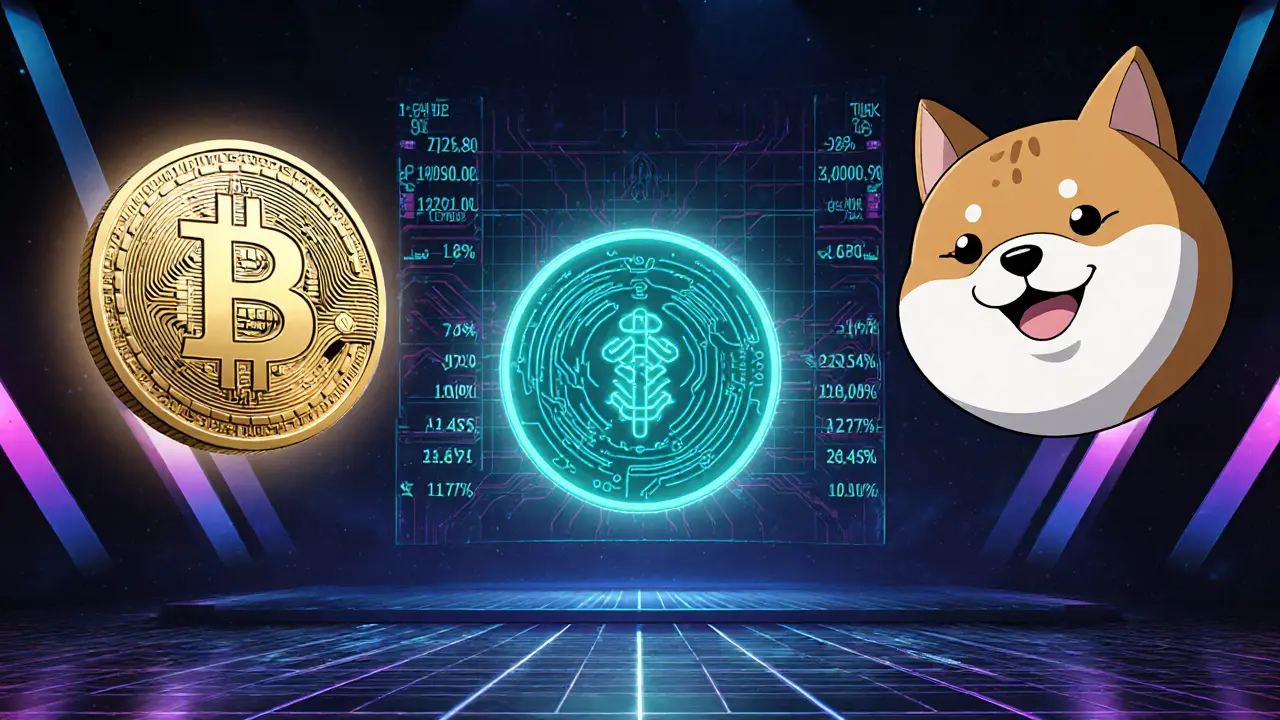 Retro anime scene comparing Bitcoin, Dogecoin, and Solana coins with glowing market‑cap visuals.