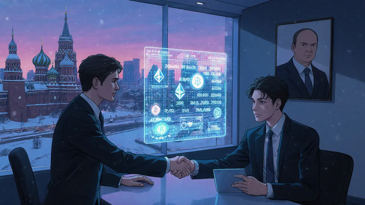 Russian executives and foreign partner shake hands, holographic crypto data displays in office.