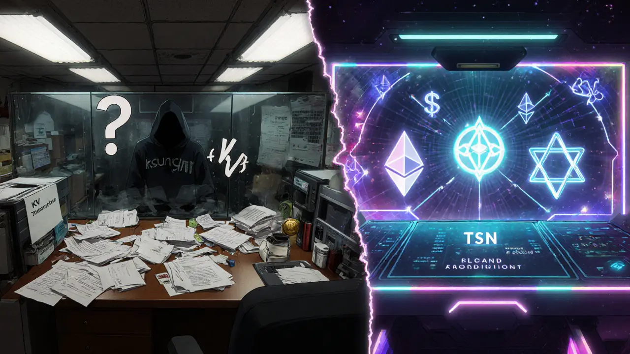 Split-screen of a shady broker office versus a futuristic multi-chain swap interface.