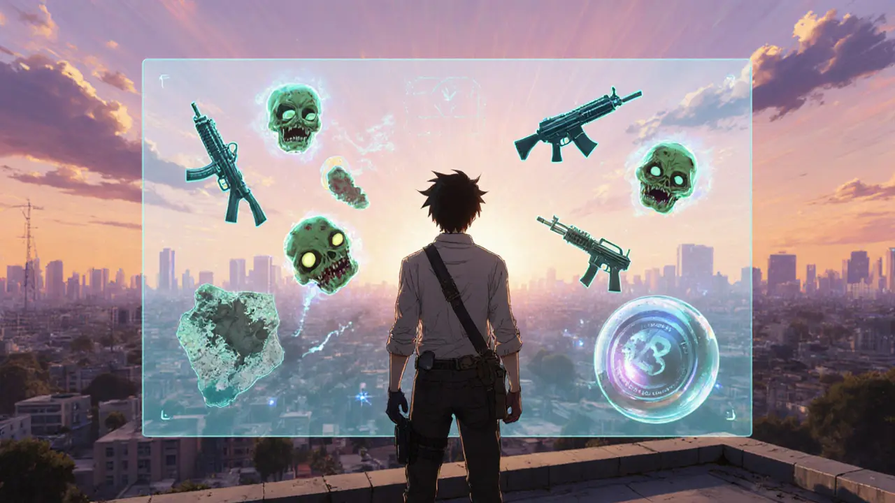 Survivor on rooftop watching holographic NFT collectibles and staking token under sunrise sky.