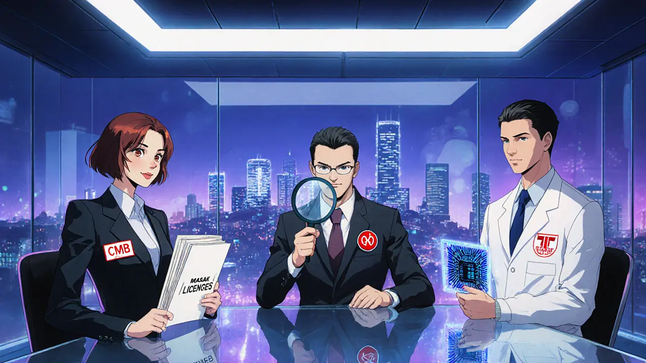 Three regulators—CMB, MASAK, TÜBİTAK—meet over a table of licensing documents in a retro‑anime office.