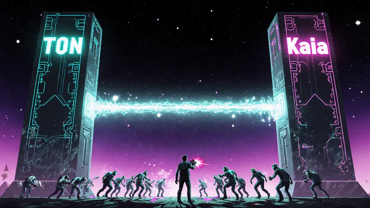 Two glowing blockchain towers linked by energy bridge over a zombie arena with a survivor shooting.