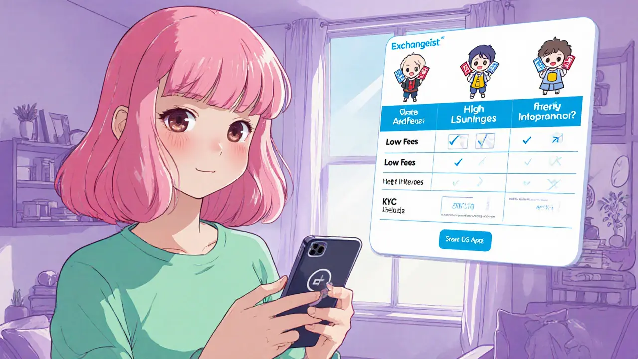 User completing KYC on a phone while a comparison chart floats nearby.