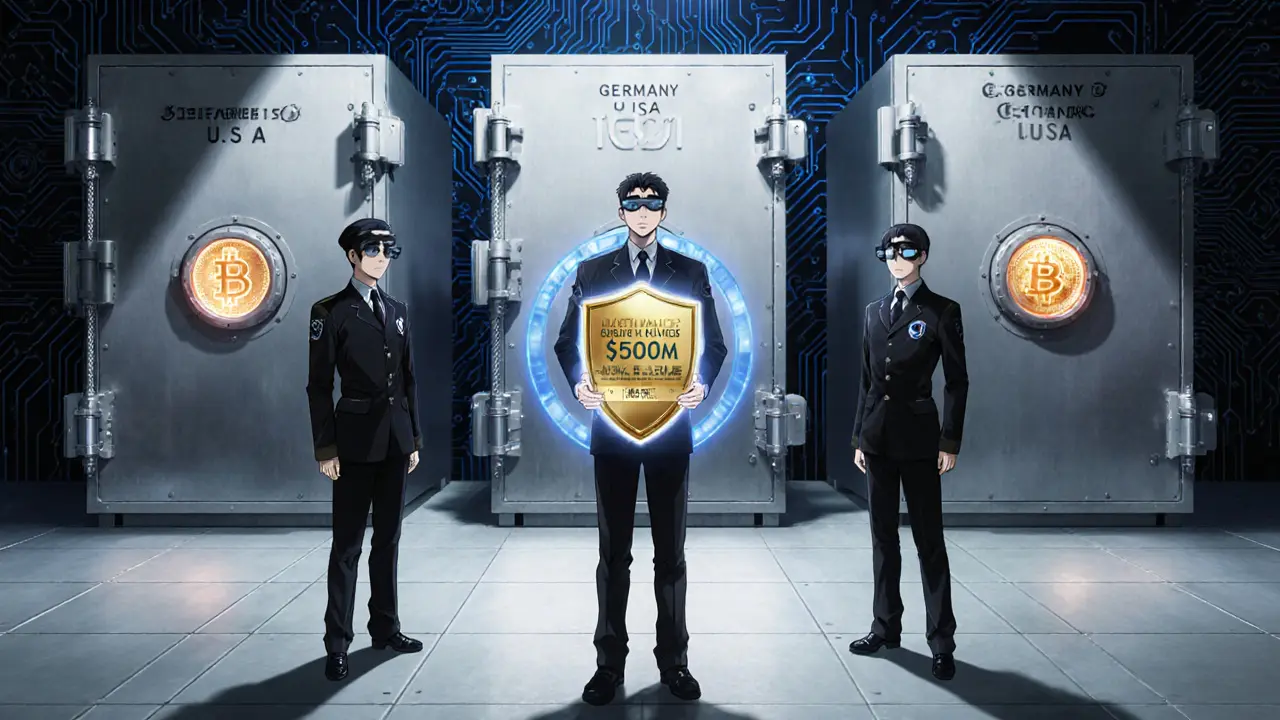 Vault doors in three countries guarded by security officers with insurance shield.