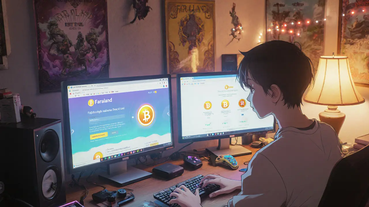A gamer connects a crypto wallet on multiple screens in a cozy room.