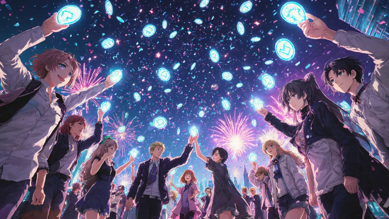 Anime characters celebrate as bright tokens rain from the sky.