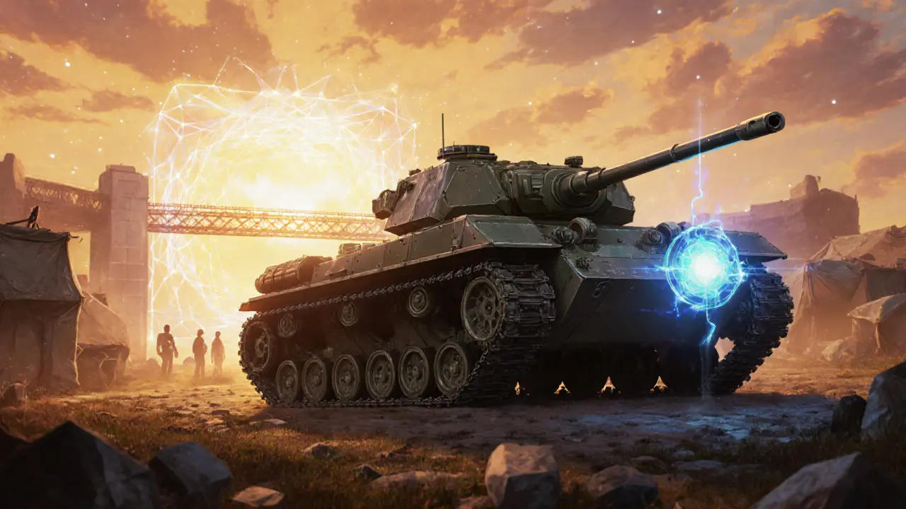 Anime‑style tank emerging on a battlefield beside a shimmering portal.