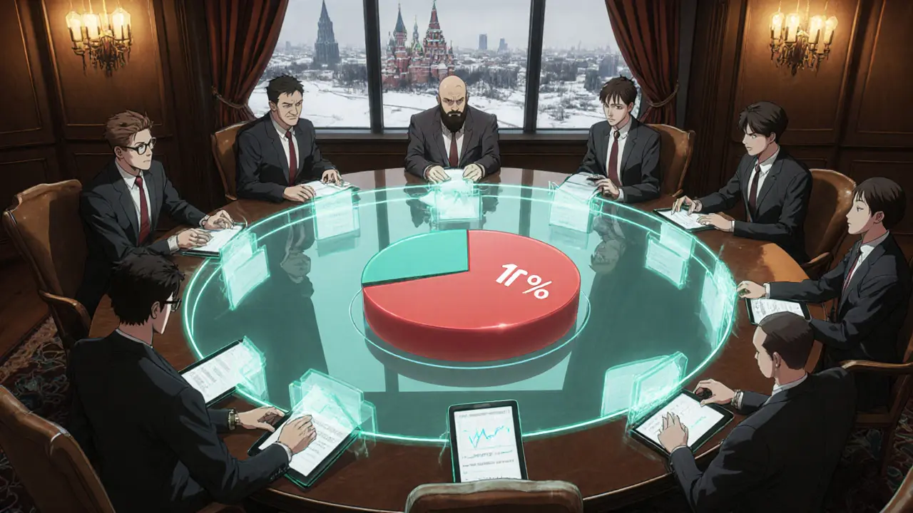 Bank executives examine a 1% crypto exposure chart in a warm-lit conference room.