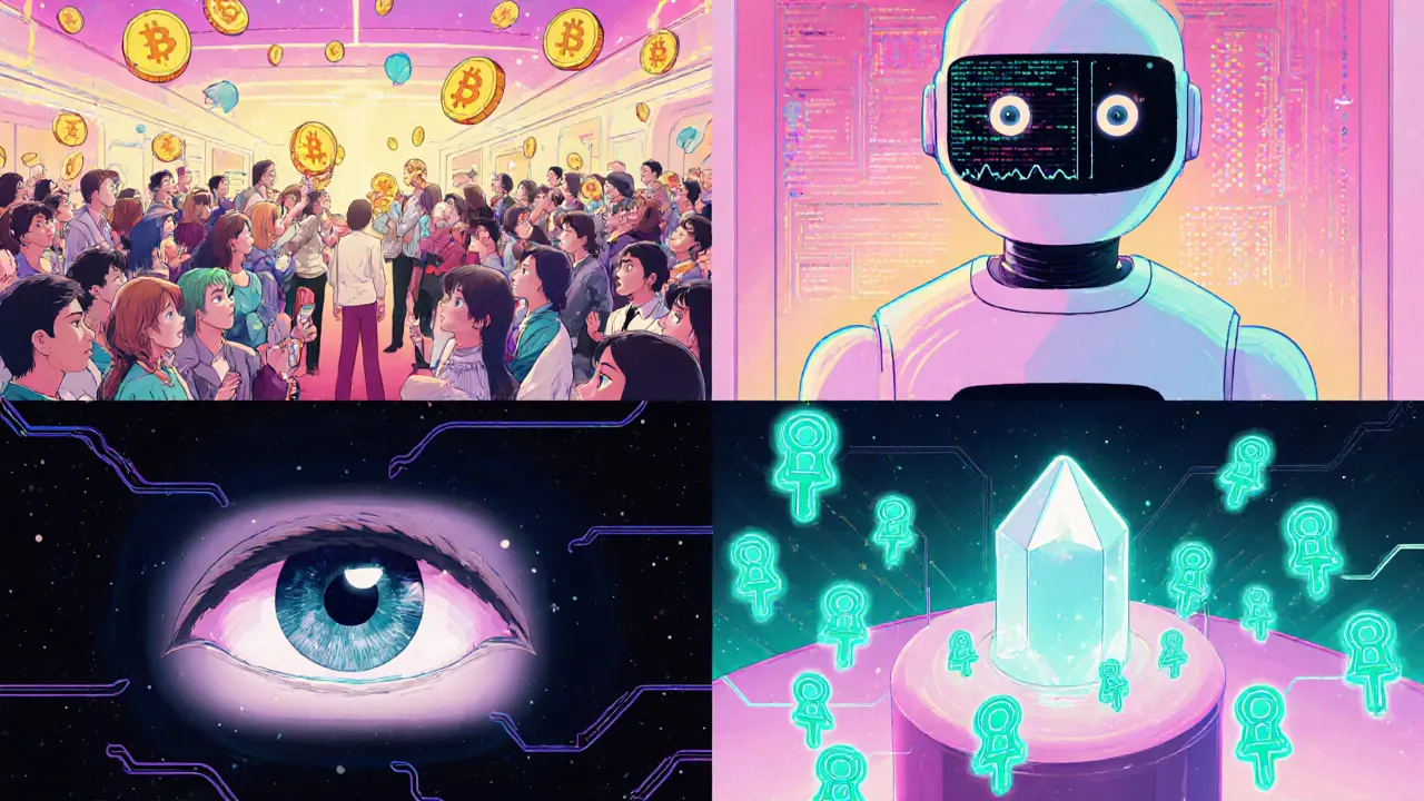 Characters demonstrate proof‑of‑personhood, AI analysis, biometric scan, and DID nodes in a holographic hub.