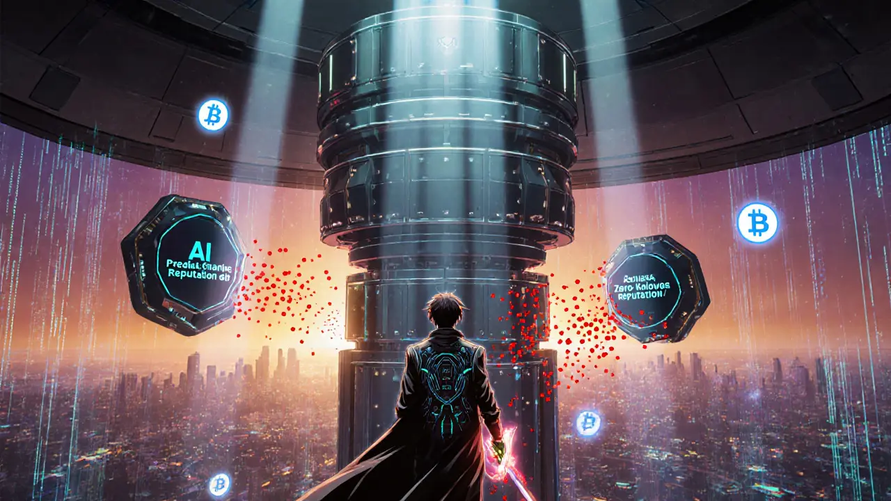 Cyber hero guarded by layered shields watches AI‑predicted Sybil clusters in a modular network.