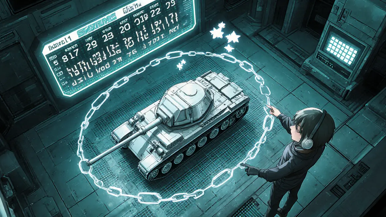 Futuristic command center minting a tank NFT with glowing blockchain symbols.
