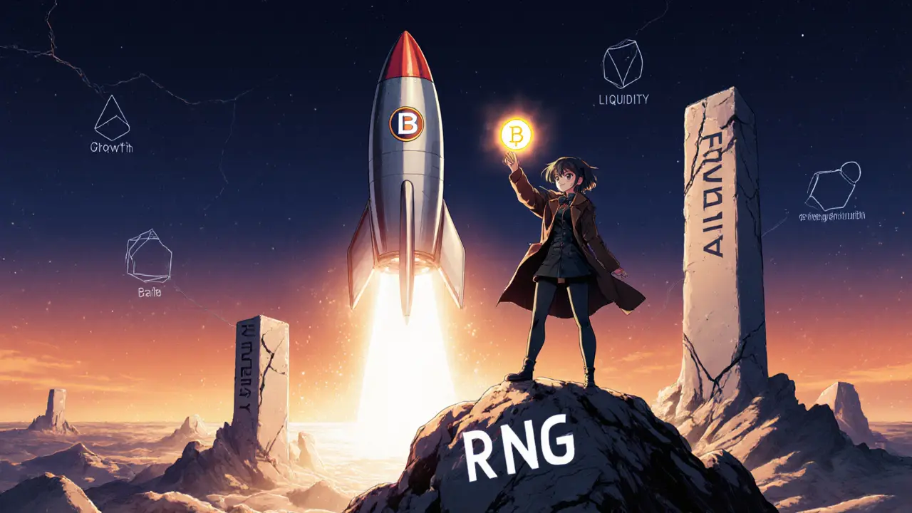 Hopeful heroine holding a glowing Ring token as a Blast rocket rises and a broken pillar falls.