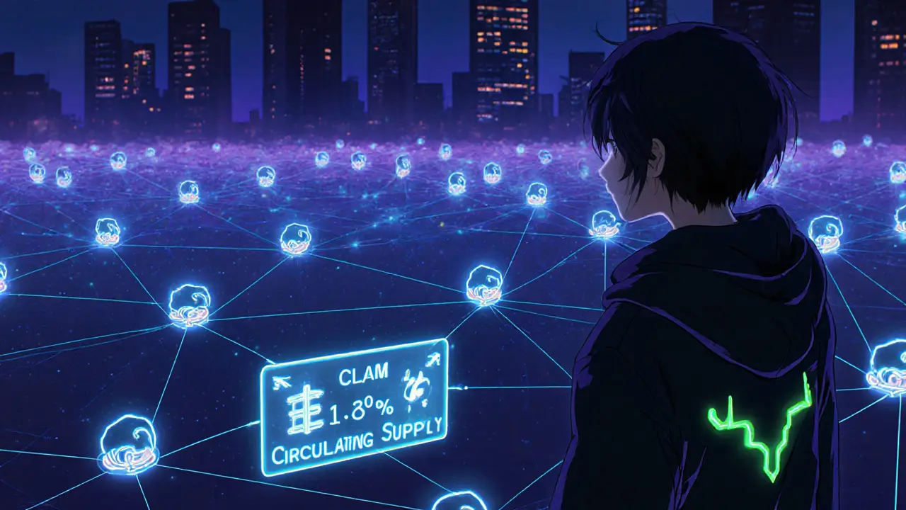 Retro anime illustration of a sparse proof‑of‑stake network with few CLAM nodes staking.