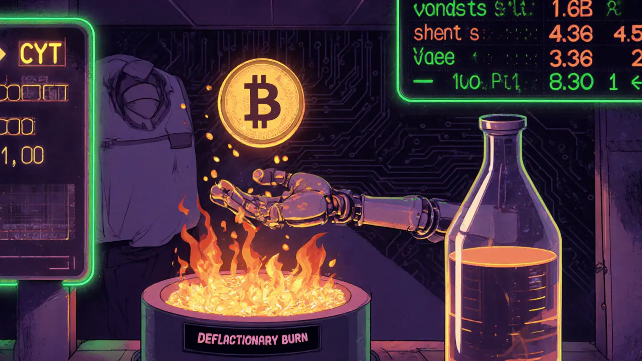 Retro anime market stall showing a CYT coin burning as it passes a furnace, symbolizing deflation.