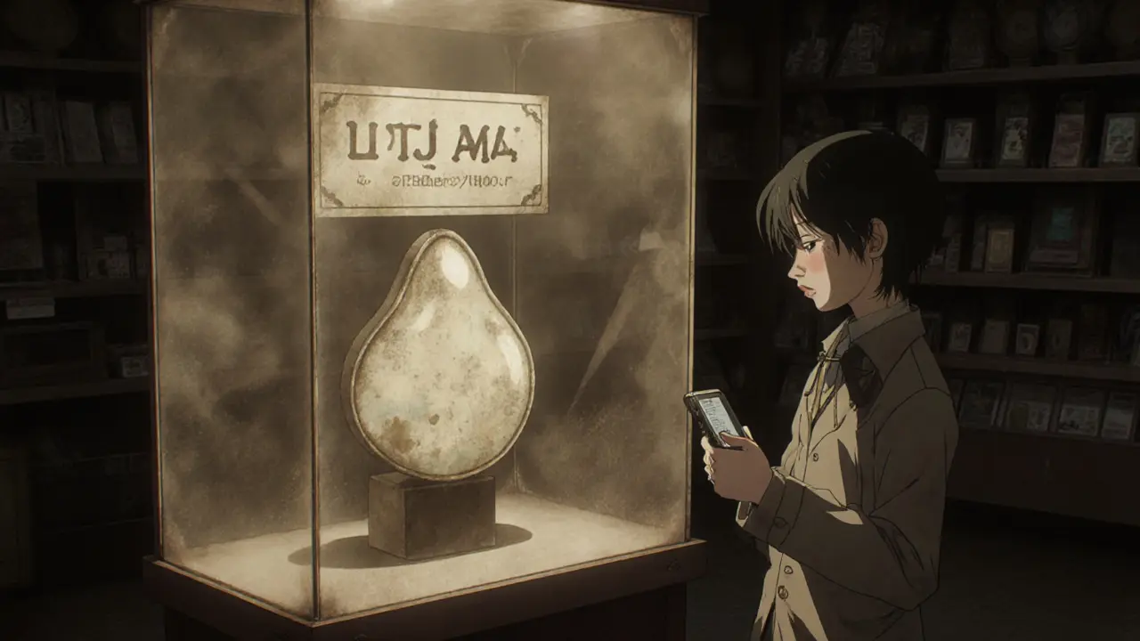 Retro anime view of a dusty museum display showing a CLAM token as a zombie protocol.