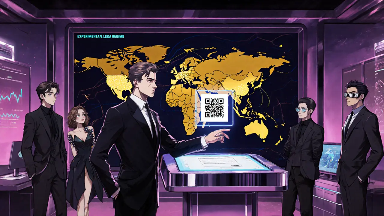 Wealthy investor registers in a high‑tech lounge with holographic crypto displays.