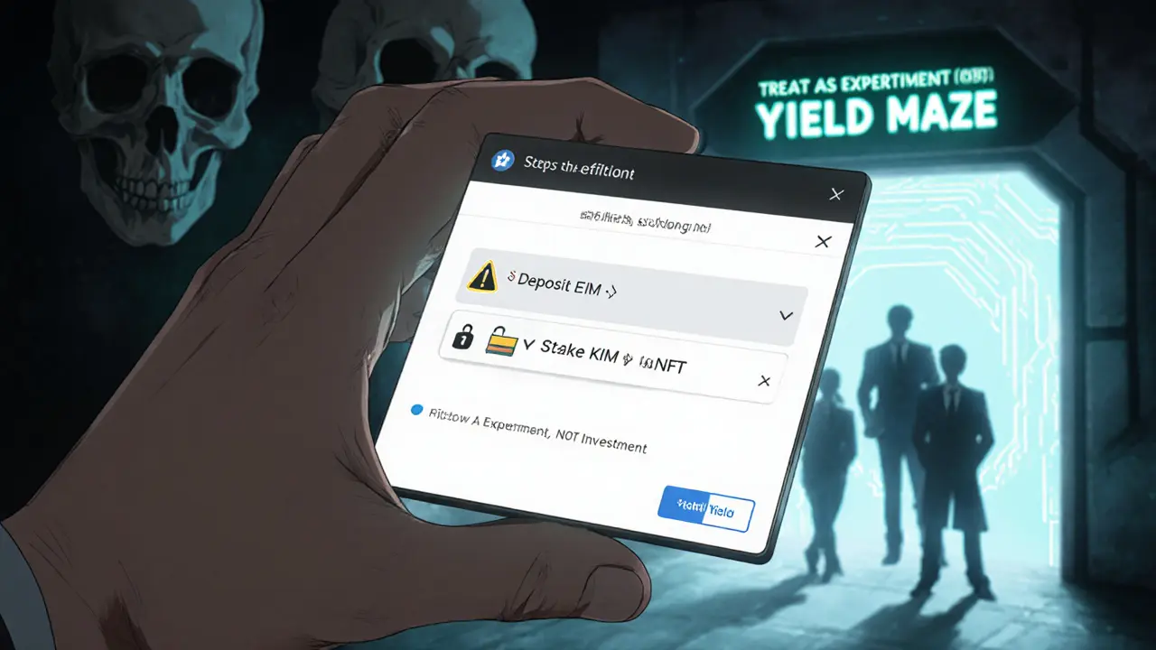 A beginner&#039;s hand hesitating over a three-step DeFi transaction with shadowy warnings, while experienced traders disappear into a maze.