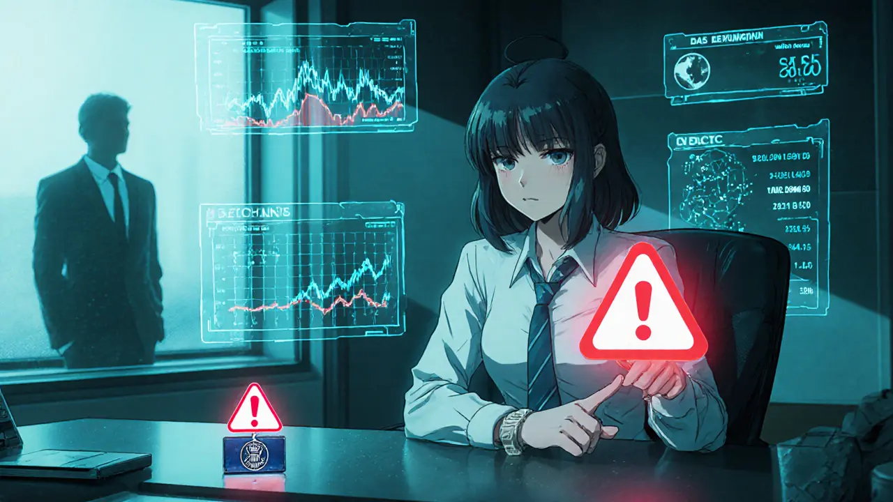 Analyst monitors holographic data screens, spotting red alerts for market manipulation.