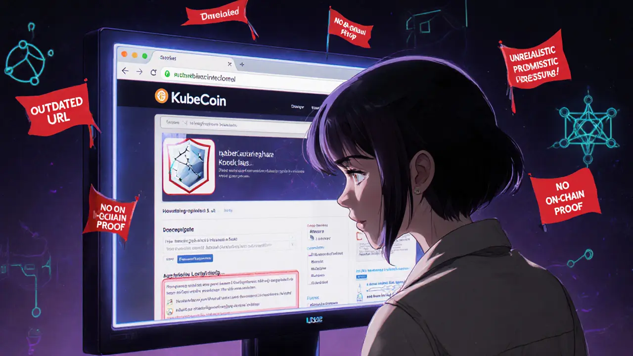 Anime detective inspecting a dark website with red warning icons highlighting KubeCoin red flags.