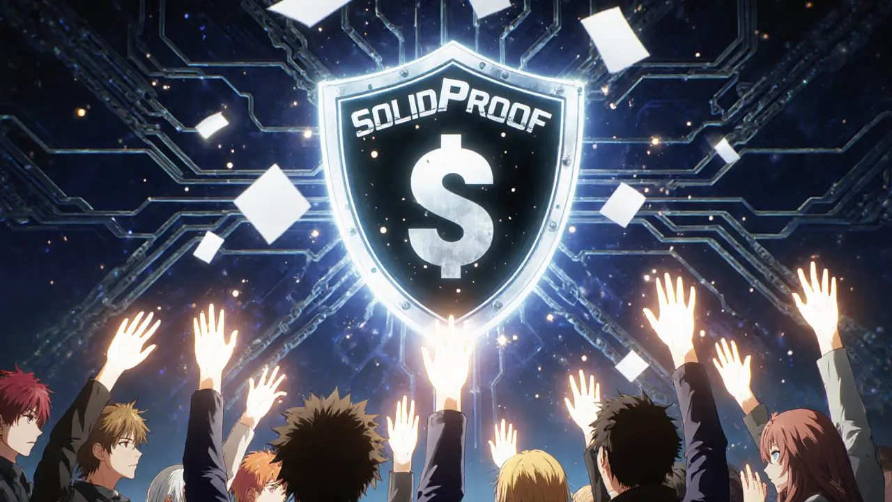 Anime figures voting under a shield, representing Zyberswap security and governance.