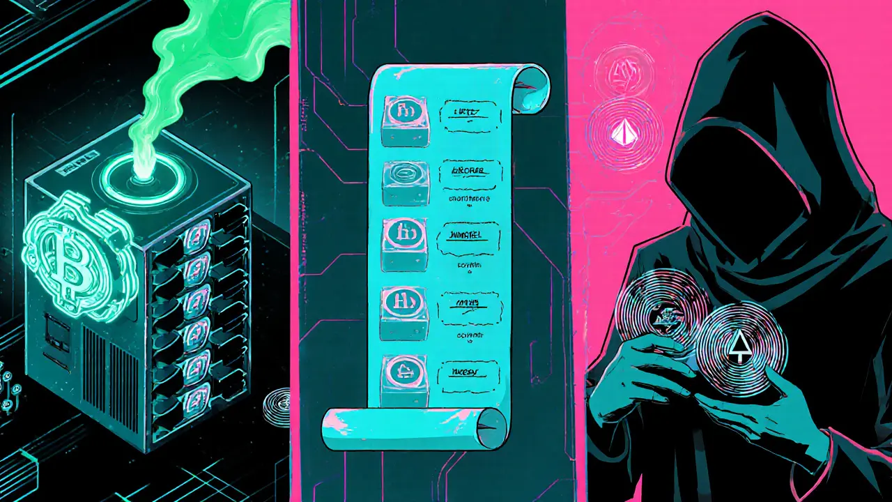 Anime panel showing mining rig, blockchain ledger, and Monero privacy rings.