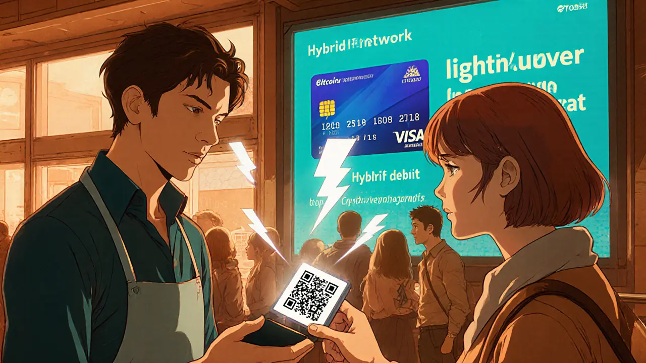 Anime shop scene with QR scan, lightning payments, and hybrid fintech billboard.