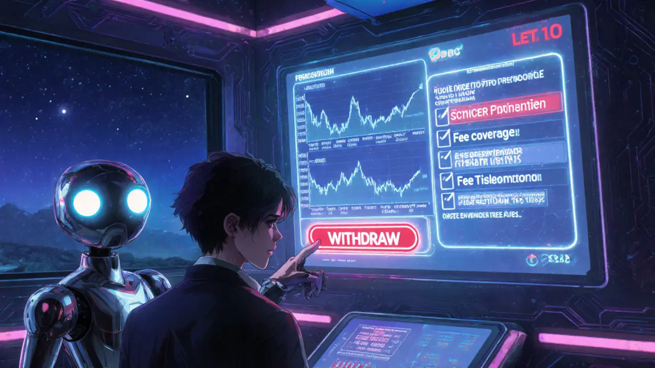 Anime trader at a holographic dashboard sees a red withdraw lever and floating checklist.