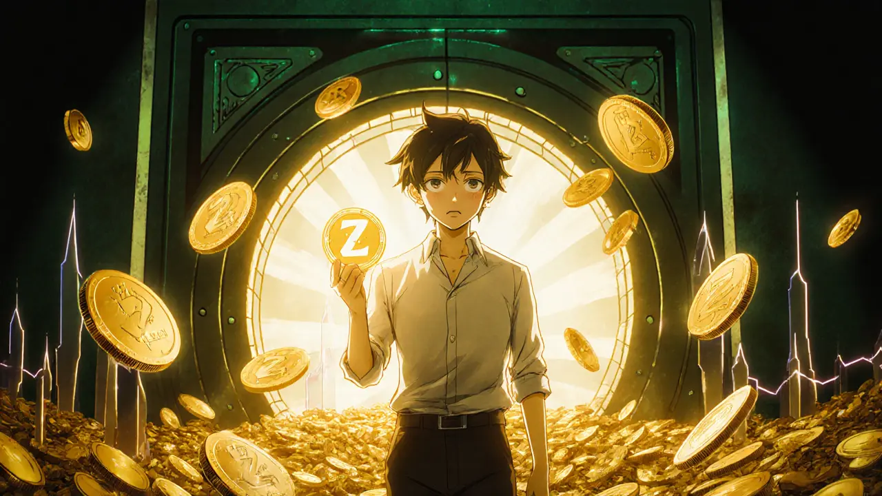 Anime trader holding ZYB coins with glowing reward symbols and rising light bars.