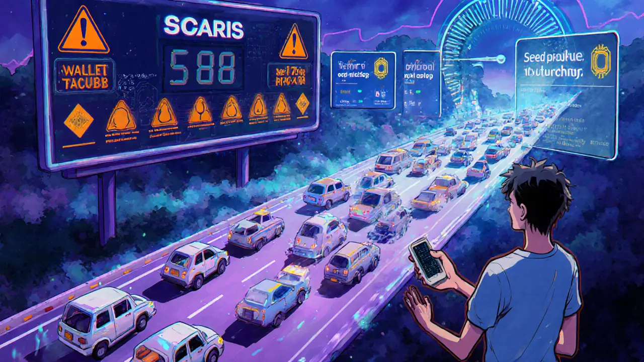 Blockchain traffic jam visual with frustrated user and high gas price meter.