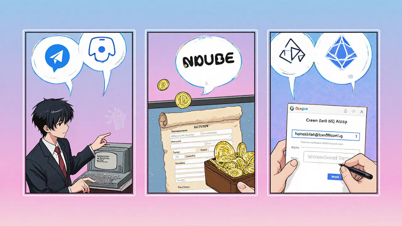 Comic‑style anime panels showing steps of the KUBE airdrop: joining chats, KYC, wallet, and form.